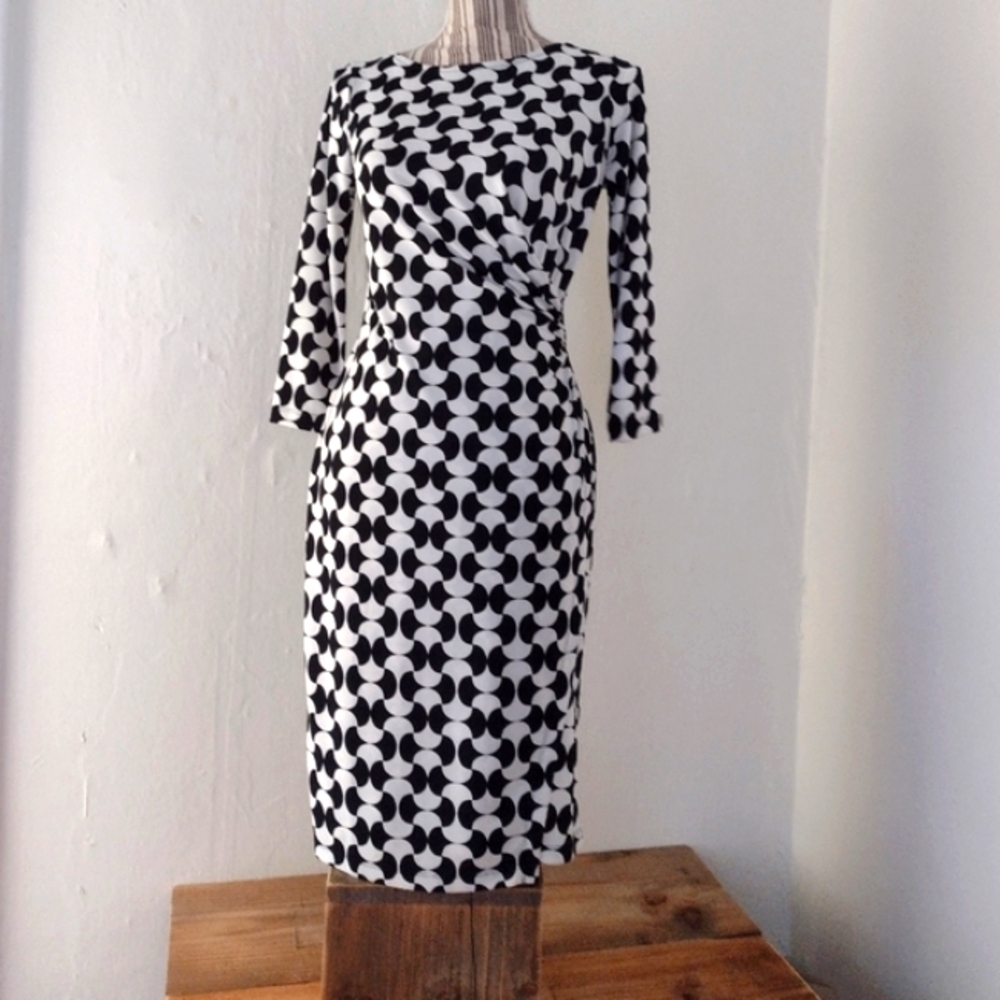 Talbots Petites Black & White Print Stretch Knit 3/4 Sleeve Faux Wrap Dress S